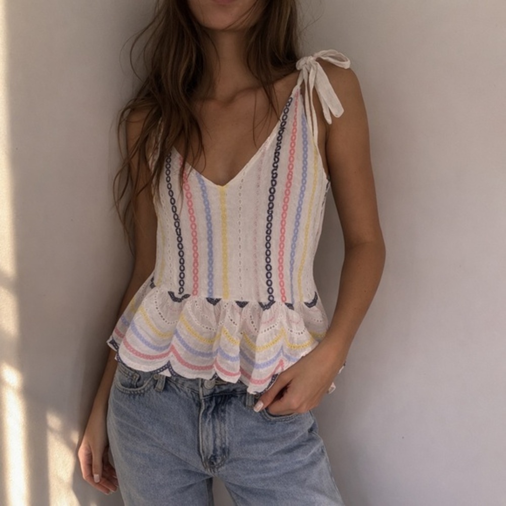 Entro White‎ Eyelet Stripe Tie Shoulder Peplum Top Large Summer
